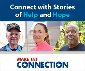 A group of Veterans looking ahead and smiling. Text: Connect With Stories of Help and Hope. 